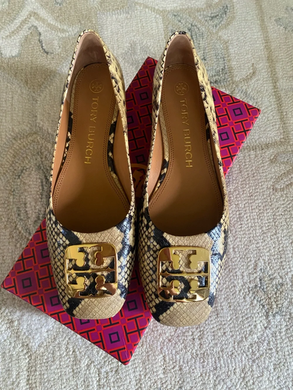 TORY BURCH Georgia Logo Snake Printed Leather Ballet Flats Women’s Size 9